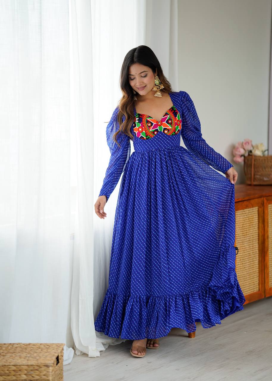 Women’s Georgette Gown with Digital Print, Chain Stitch Work & Tassels