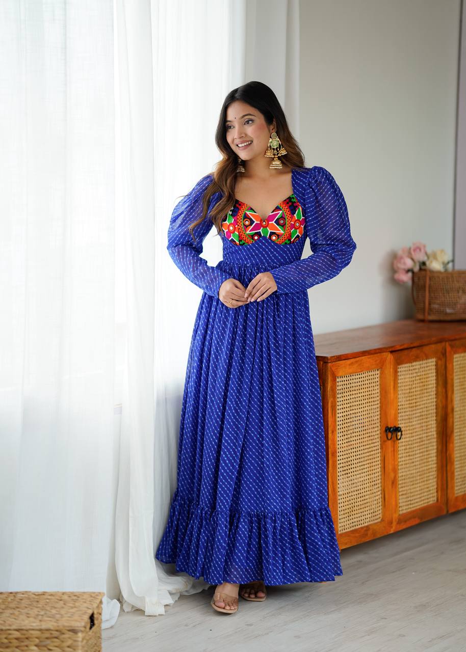 Women’s Georgette Gown with Digital Print, Chain Stitch Work & Tassels