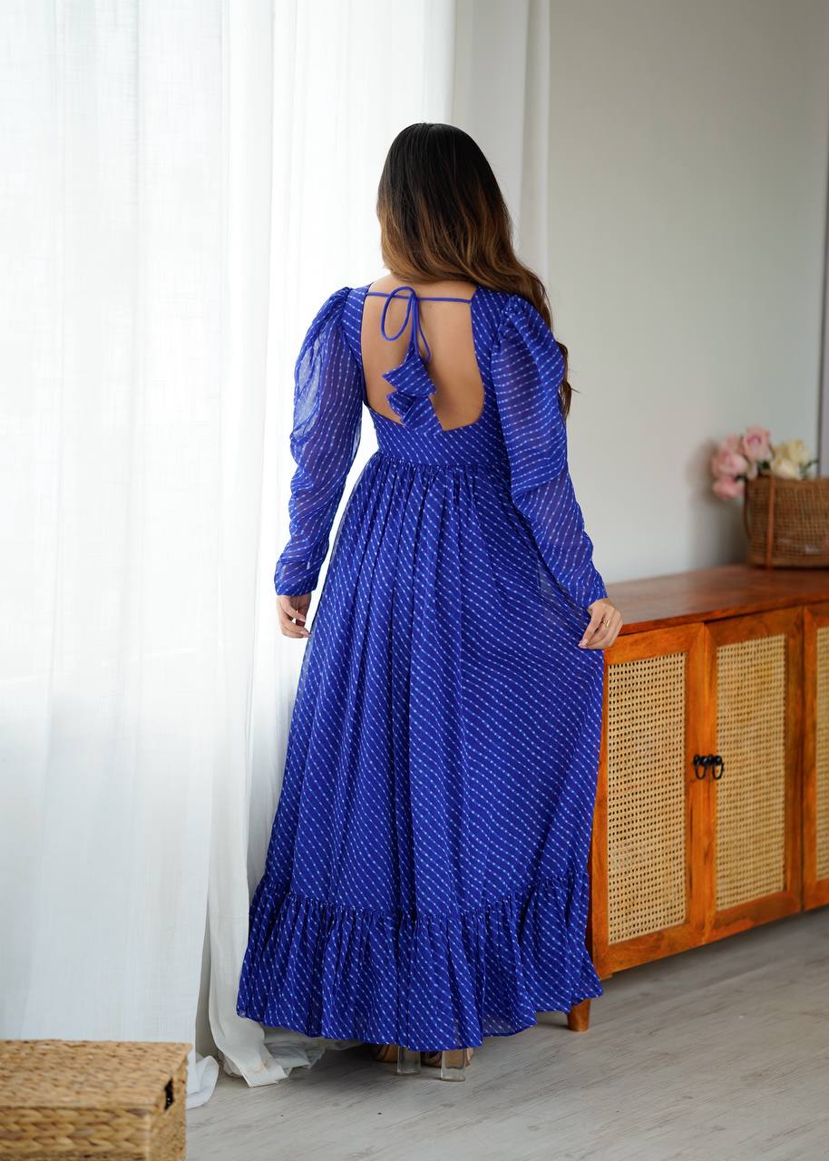Women’s Georgette Gown with Digital Print, Chain Stitch Work & Tassels