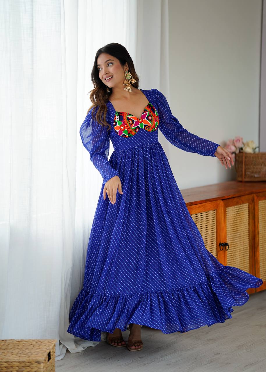 Women’s Georgette Gown with Digital Print, Chain Stitch Work & Tassels
