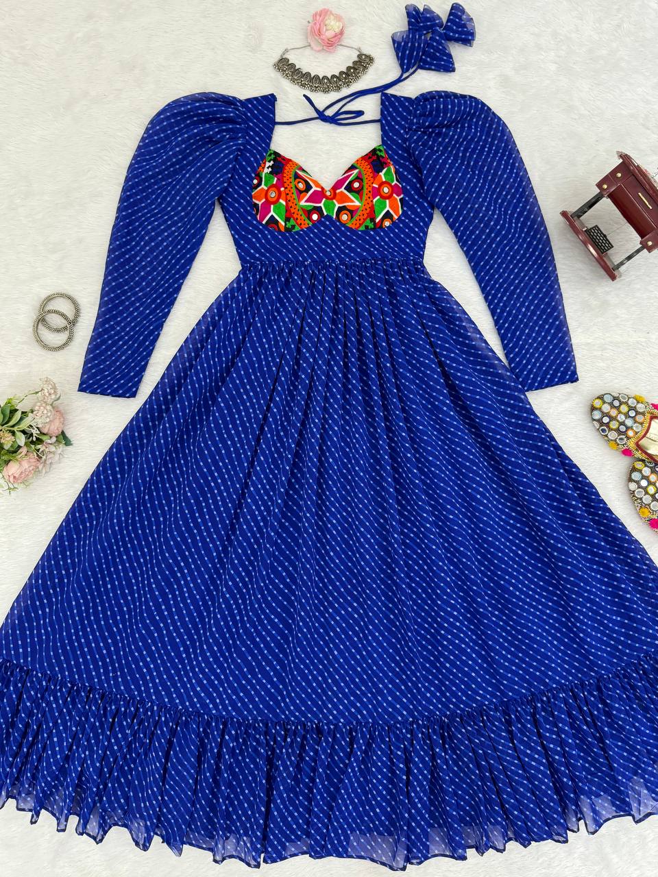 Women’s Georgette Gown with Digital Print, Chain Stitch Work & Tassels