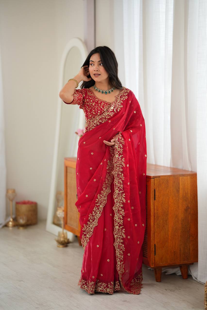 WOMEN'S HEAVY FENDY SILK SAREE WITH THREAD & SEQUIN EMBROIDERY WORK AND UNSTITCHED BLOUSE | PARTY & FUNCTION WEAR