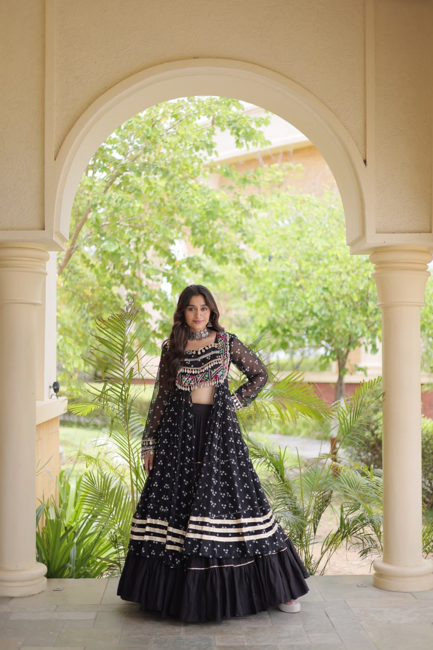 WOMEN'S BANDHNI PRINT KUTCHI PATCHWORK KURTI WITH KORA COTTON FRILL LEHENGA SET | FULL STITCHED TRADITIONAL ETHNIC WEAR