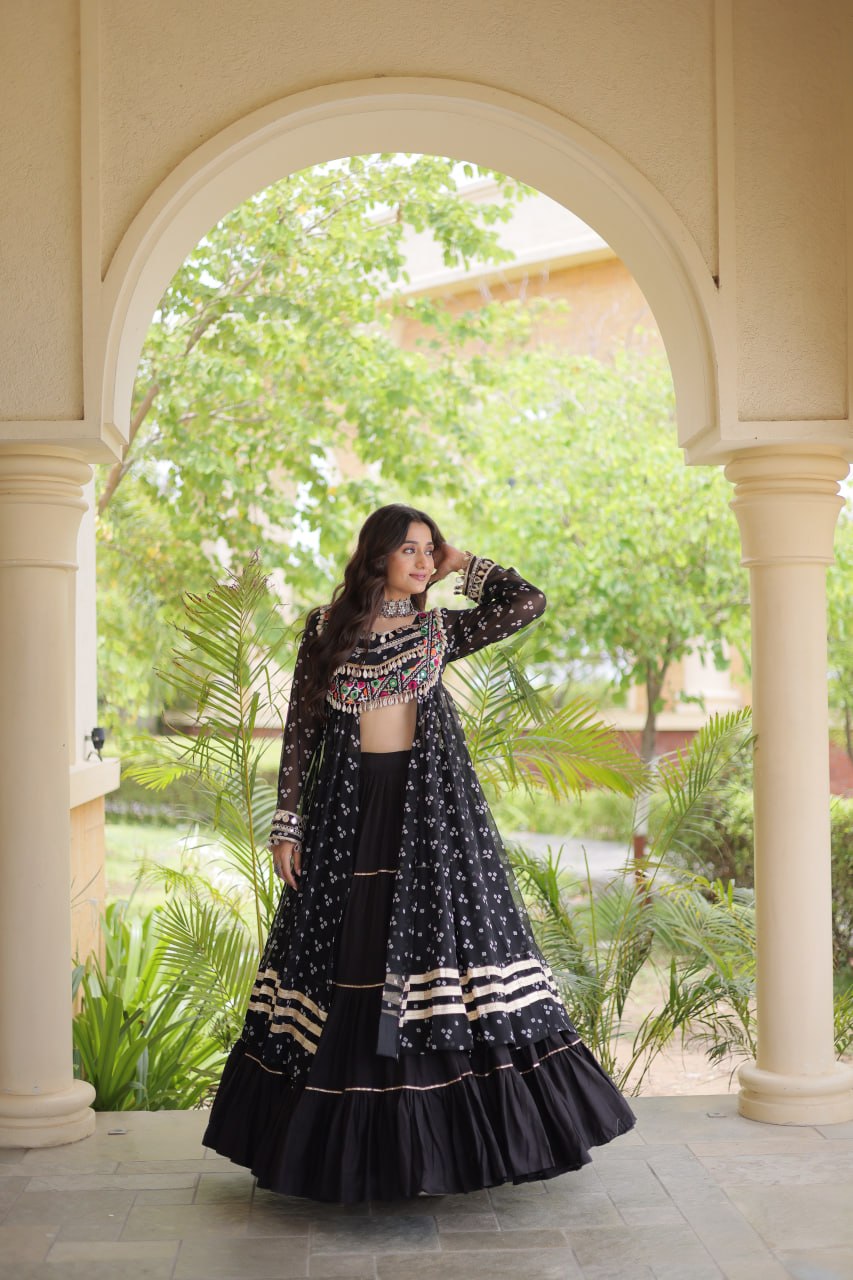 WOMEN'S BANDHNI PRINT KUTCHI PATCHWORK KURTI WITH KORA COTTON FRILL LEHENGA SET | FULL STITCHED TRADITIONAL ETHNIC WEAR