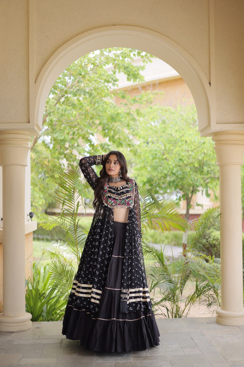 WOMEN'S BANDHNI PRINT KUTCHI PATCHWORK KURTI WITH KORA COTTON FRILL LEHENGA SET | FULL STITCHED TRADITIONAL ETHNIC WEAR