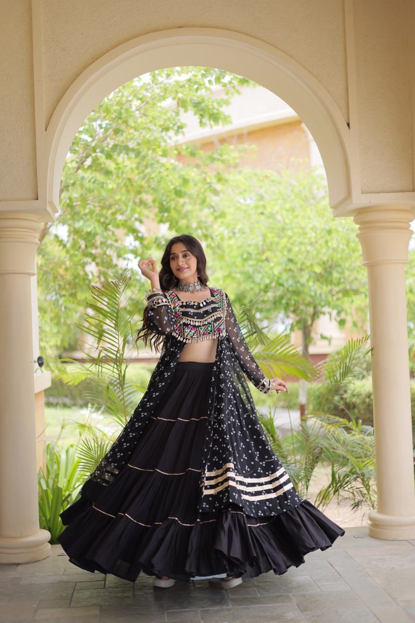 WOMEN'S BANDHNI PRINT KUTCHI PATCHWORK KURTI WITH KORA COTTON FRILL LEHENGA SET | FULL STITCHED TRADITIONAL ETHNIC WEAR