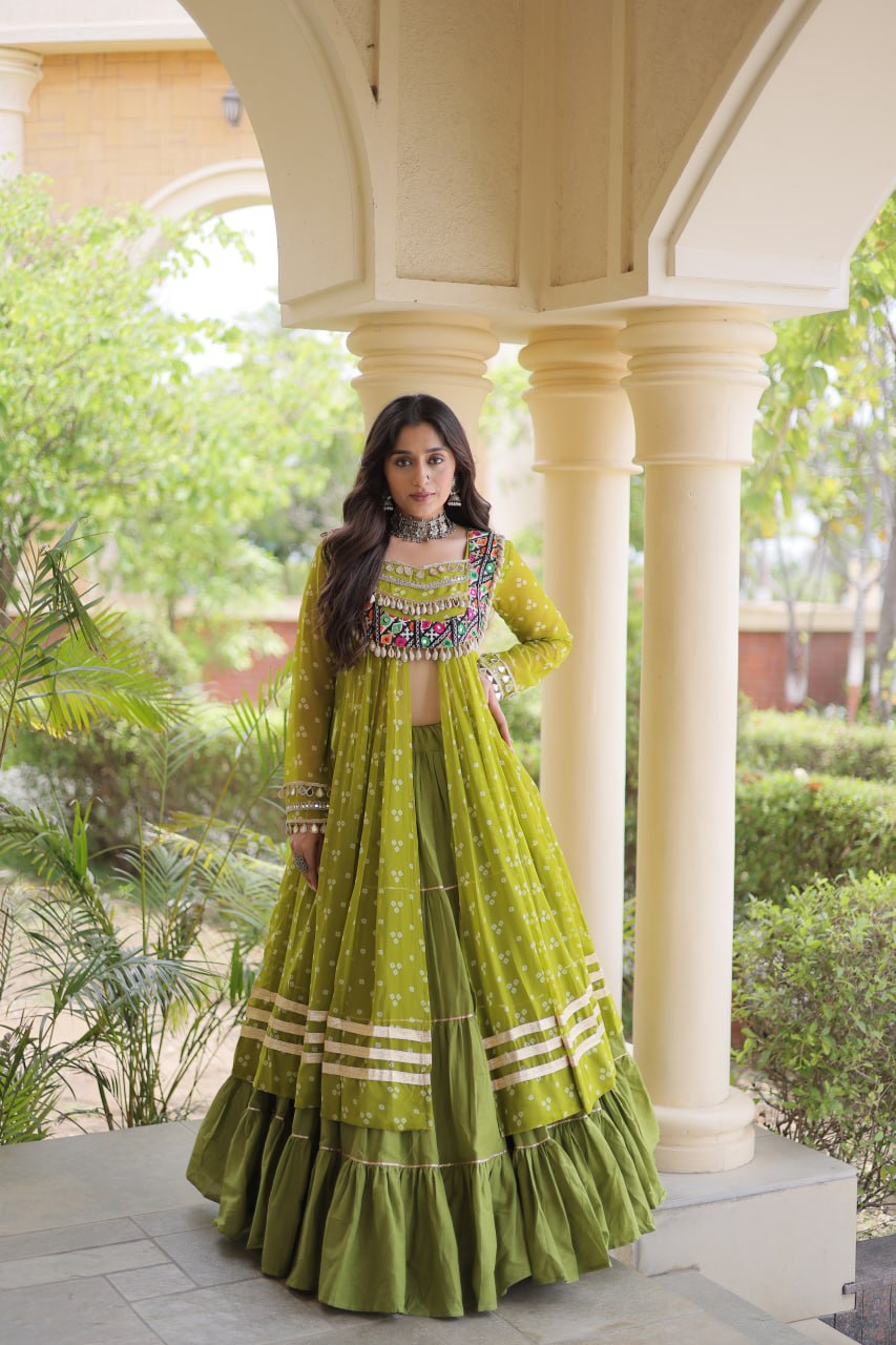 WOMEN'S BANDHNI PRINT KUTCHI PATCHWORK KURTI WITH KORA COTTON FRILL LEHENGA SET | FULL STITCHED TRADITIONAL ETHNIC WEAR