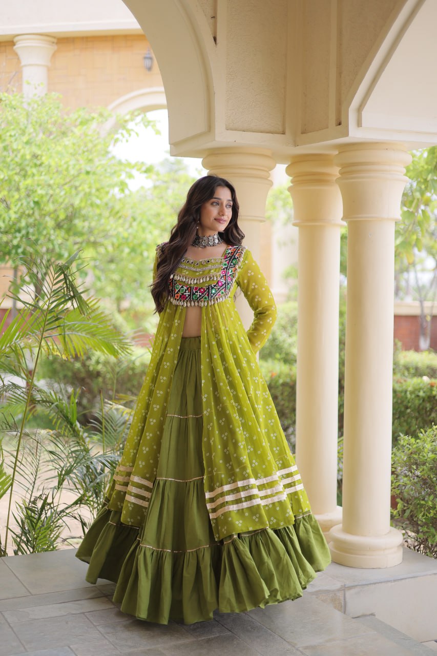 WOMEN'S BANDHNI PRINT KUTCHI PATCHWORK KURTI WITH KORA COTTON FRILL LEHENGA SET | FULL STITCHED TRADITIONAL ETHNIC WEAR