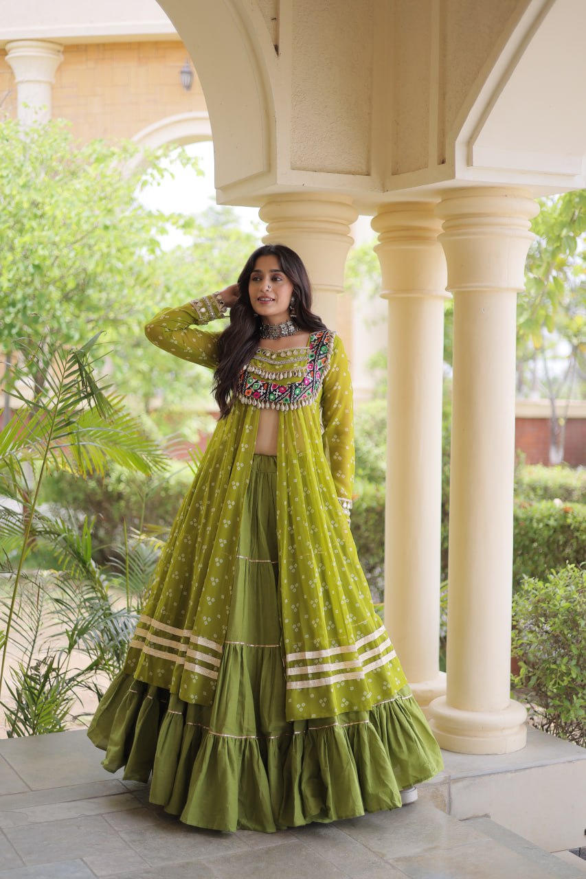 WOMEN'S BANDHNI PRINT KUTCHI PATCHWORK KURTI WITH KORA COTTON FRILL LEHENGA SET | FULL STITCHED TRADITIONAL ETHNIC WEAR