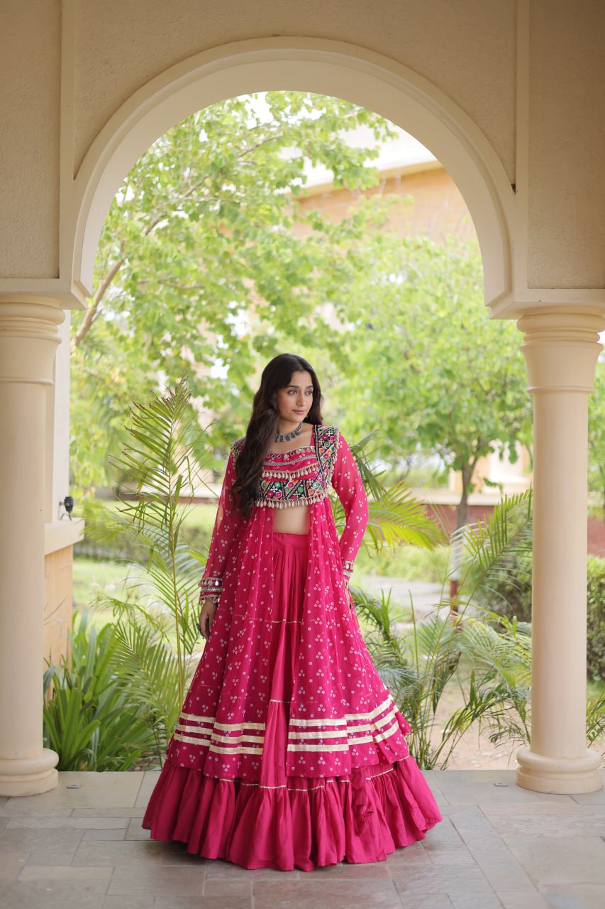 WOMEN'S BANDHNI PRINT KUTCHI PATCHWORK KURTI WITH KORA COTTON FRILL LEHENGA SET | FULL STITCHED TRADITIONAL ETHNIC WEAR