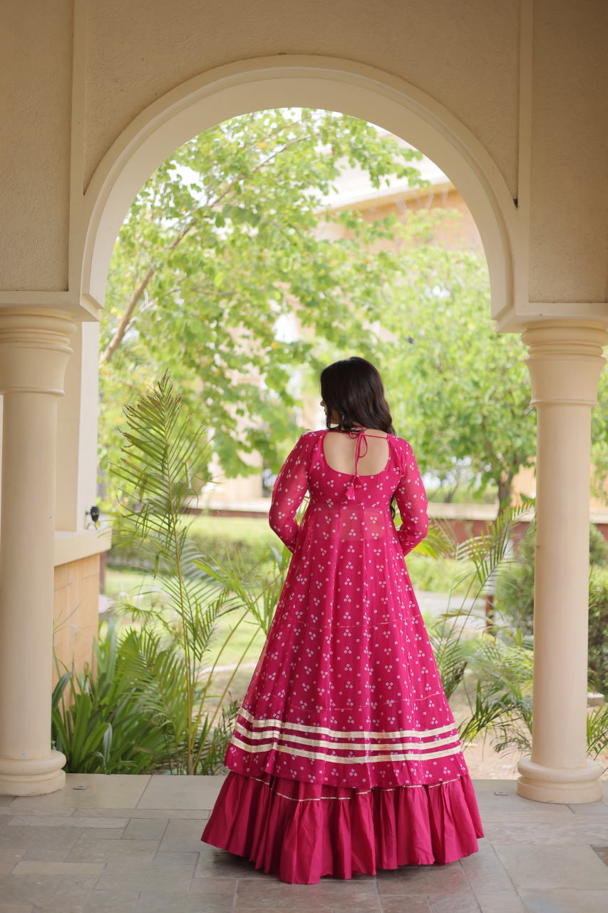 WOMEN'S BANDHNI PRINT KUTCHI PATCHWORK KURTI WITH KORA COTTON FRILL LEHENGA SET | FULL STITCHED TRADITIONAL ETHNIC WEAR