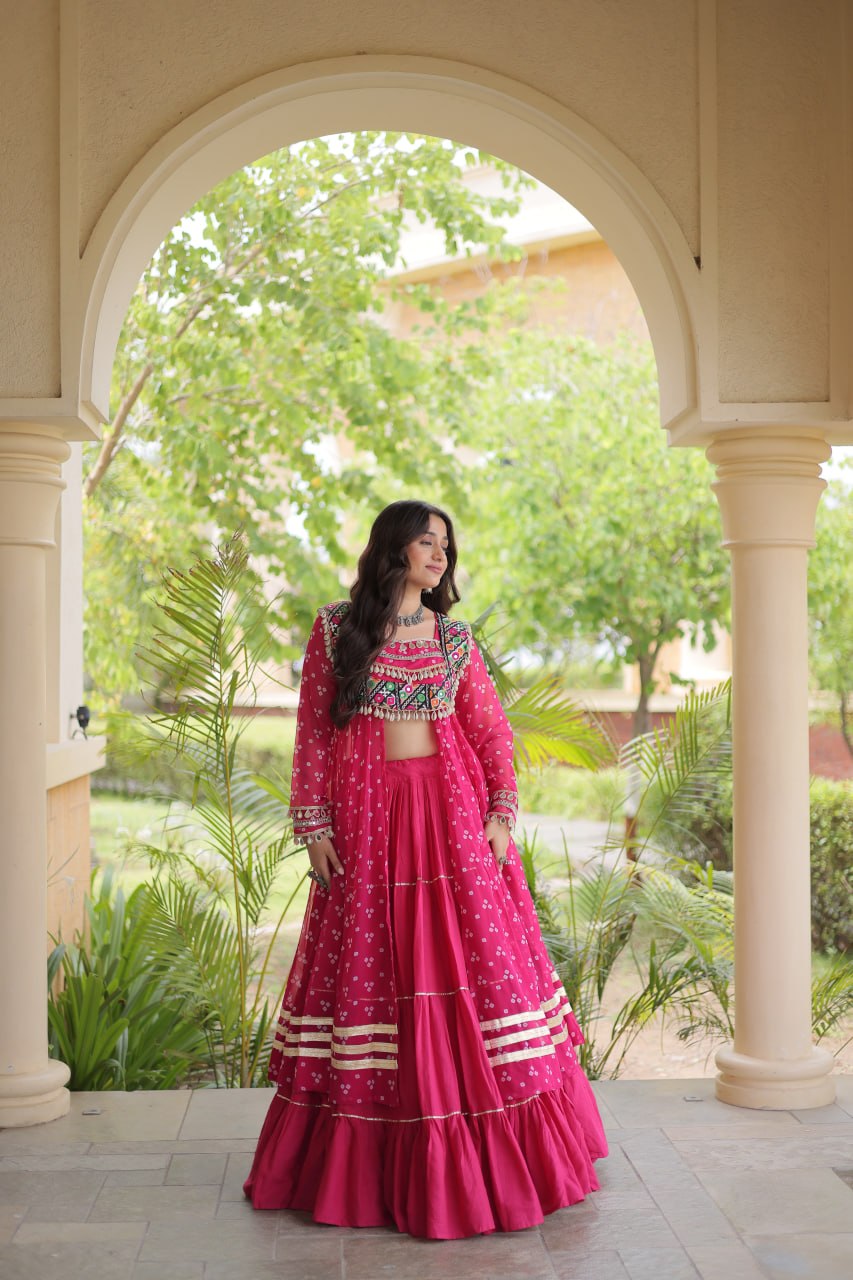 WOMEN'S BANDHNI PRINT KUTCHI PATCHWORK KURTI WITH KORA COTTON FRILL LEHENGA SET | FULL STITCHED TRADITIONAL ETHNIC WEAR