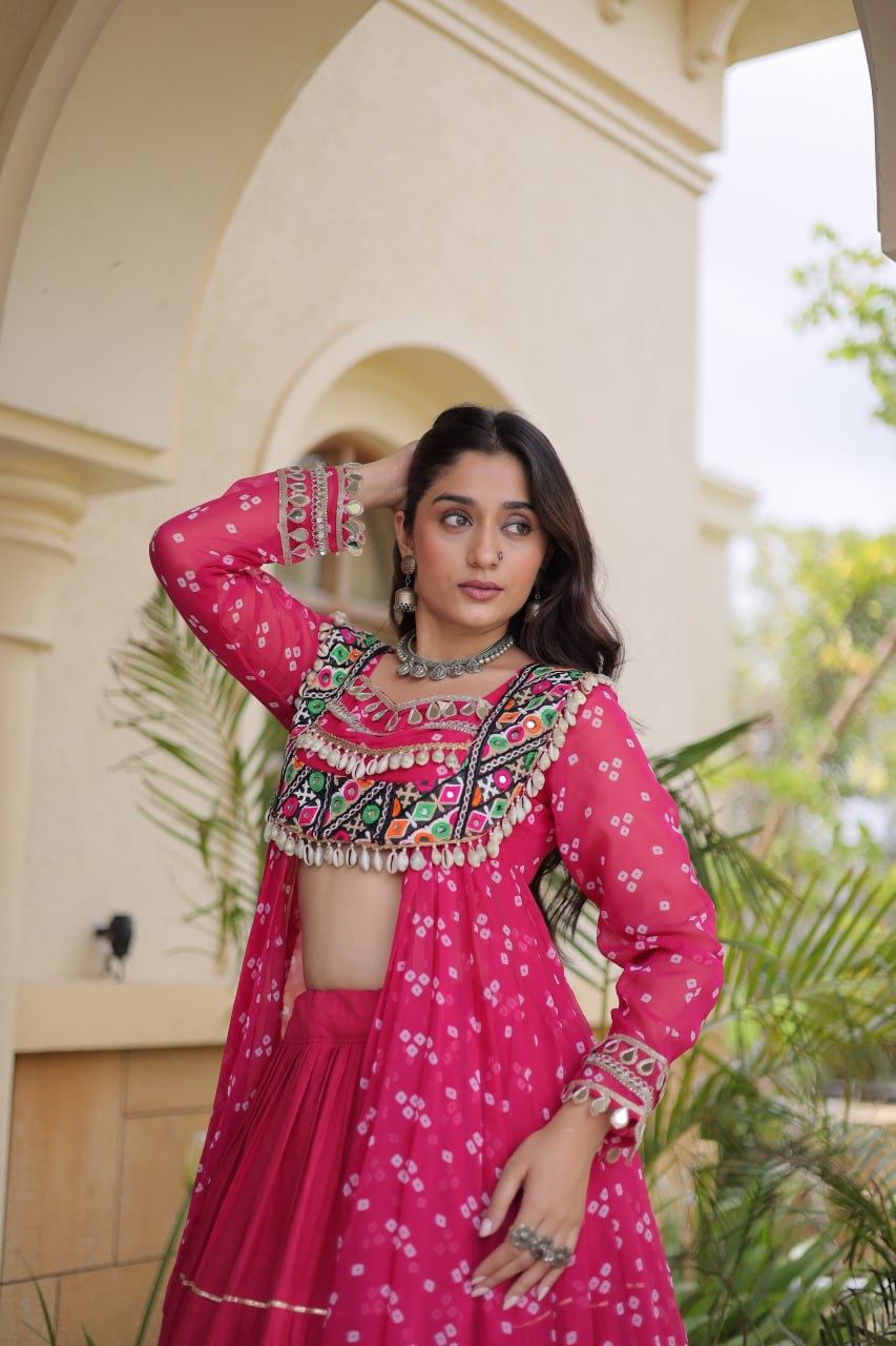 WOMEN'S BANDHNI PRINT KUTCHI PATCHWORK KURTI WITH KORA COTTON FRILL LEHENGA SET | FULL STITCHED TRADITIONAL ETHNIC WEAR
