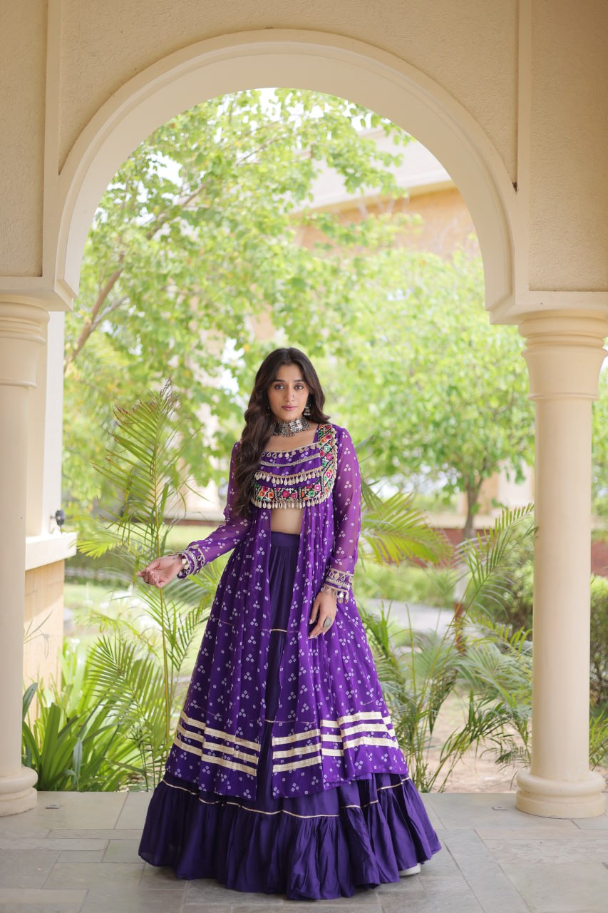 WOMEN'S BANDHNI PRINT KUTCHI PATCHWORK KURTI WITH KORA COTTON FRILL LEHENGA SET | FULL STITCHED TRADITIONAL ETHNIC WEAR