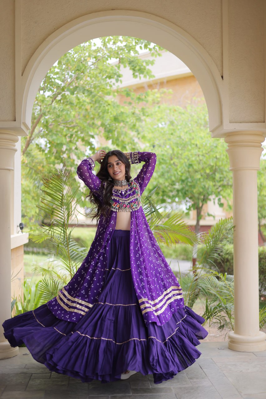 WOMEN'S BANDHNI PRINT KUTCHI PATCHWORK KURTI WITH KORA COTTON FRILL LEHENGA SET | FULL STITCHED TRADITIONAL ETHNIC WEAR