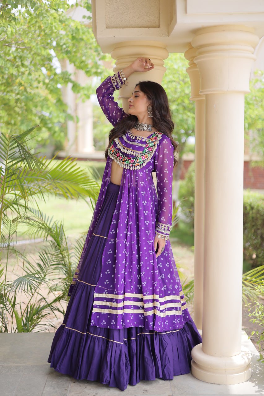 WOMEN'S BANDHNI PRINT KUTCHI PATCHWORK KURTI WITH KORA COTTON FRILL LEHENGA SET | FULL STITCHED TRADITIONAL ETHNIC WEAR