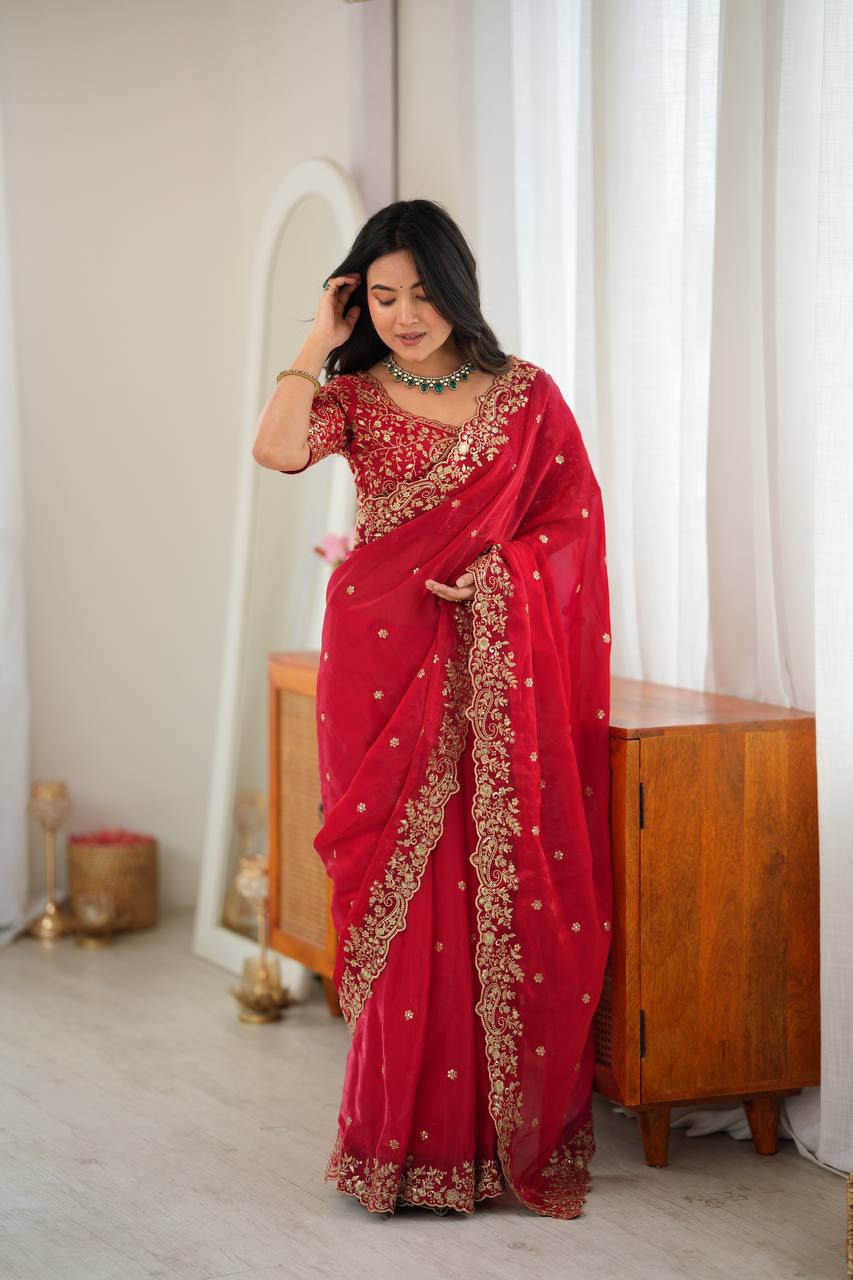 WOMEN'S HEAVY FENDY SILK SAREE WITH THREAD & SEQUIN EMBROIDERY WORK AND UNSTITCHED BLOUSE | PARTY & FUNCTION WEAR
