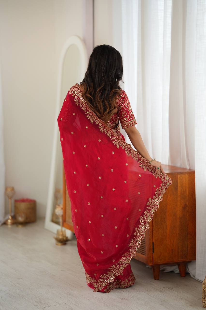 WOMEN'S HEAVY FENDY SILK SAREE WITH THREAD & SEQUIN EMBROIDERY WORK AND UNSTITCHED BLOUSE | PARTY & FUNCTION WEAR