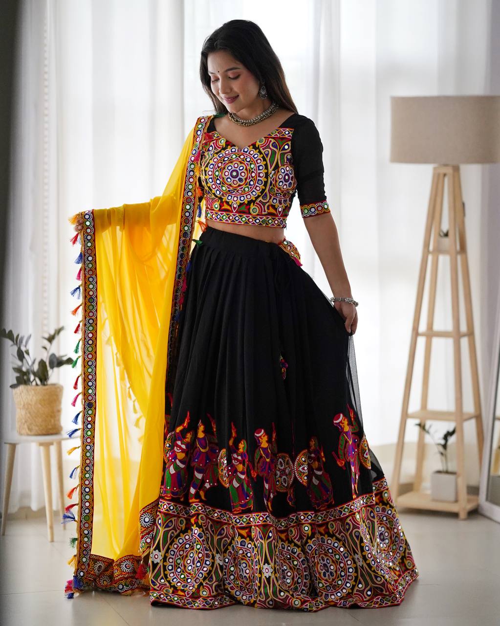 Women’s Faux Georgette Lehenga Choli with Original Mirror & Chain Stitch Work SurMira Fashion