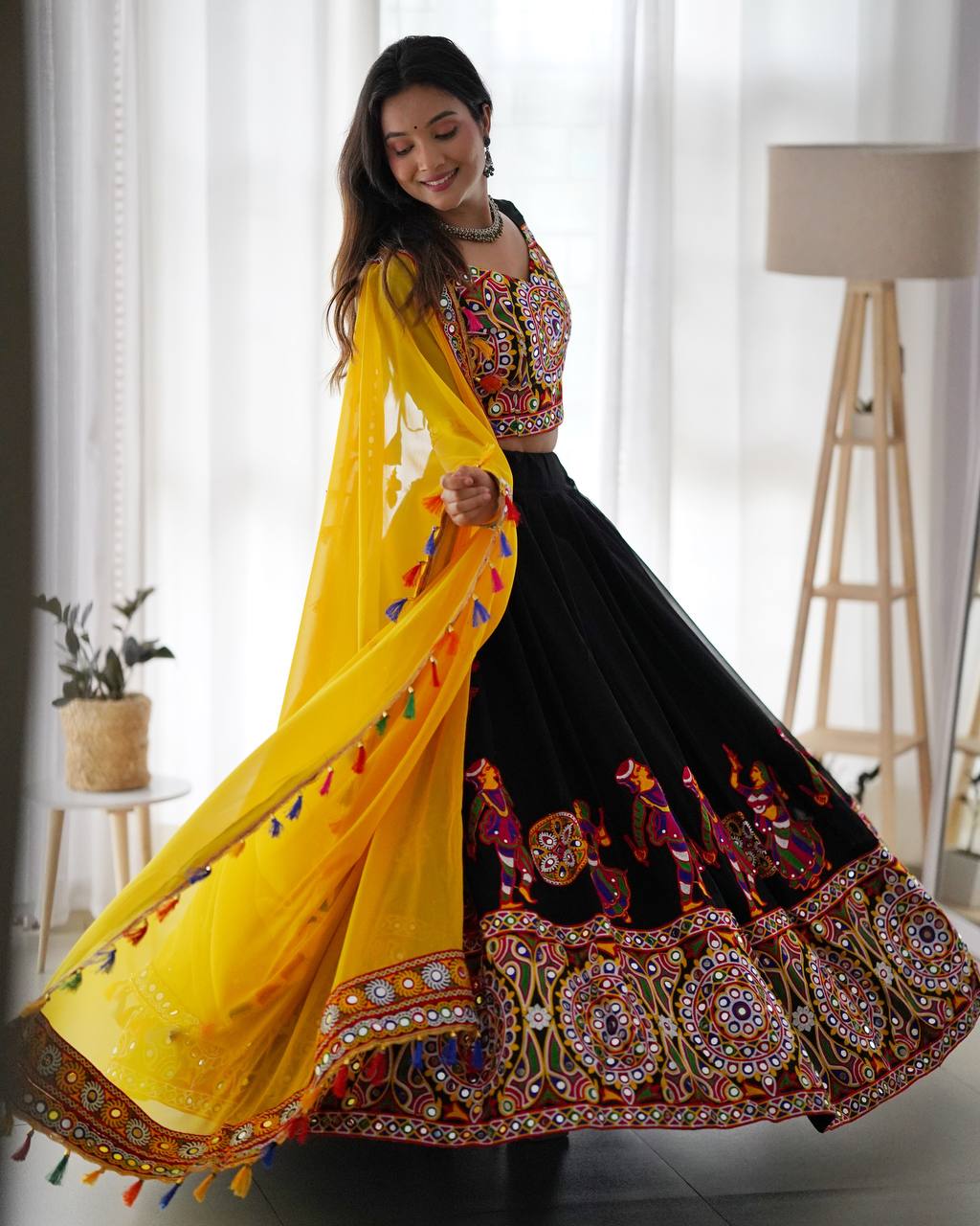 Women’s Faux Georgette Lehenga Choli with Original Mirror & Chain Stitch Work SurMira Fashion