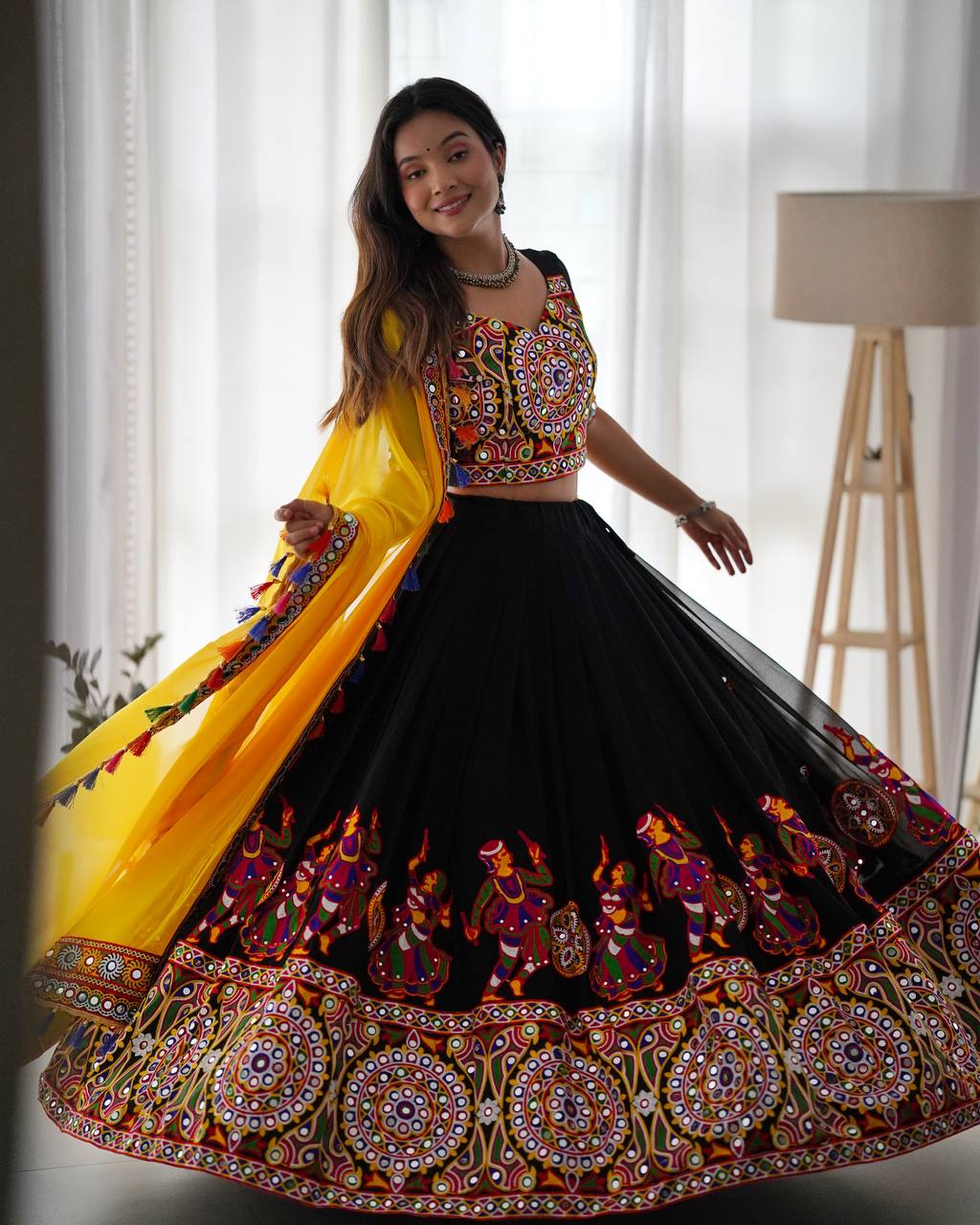 Women’s Faux Georgette Lehenga Choli with Original Mirror & Chain Stitch Work SurMira Fashion