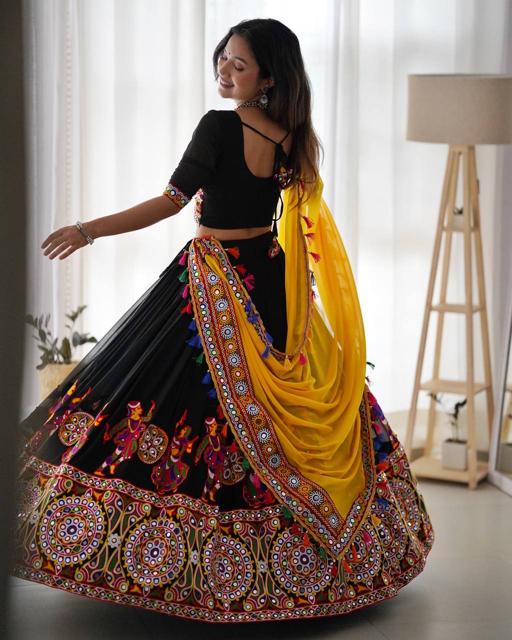 Women’s Faux Georgette Lehenga Choli with Original Mirror & Chain Stitch Work SurMira Fashion