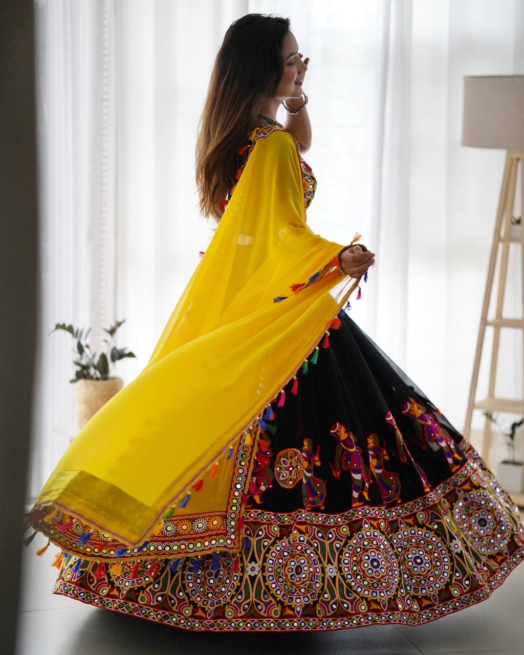 Women’s Faux Georgette Lehenga Choli with Original Mirror & Chain Stitch Work SurMira Fashion