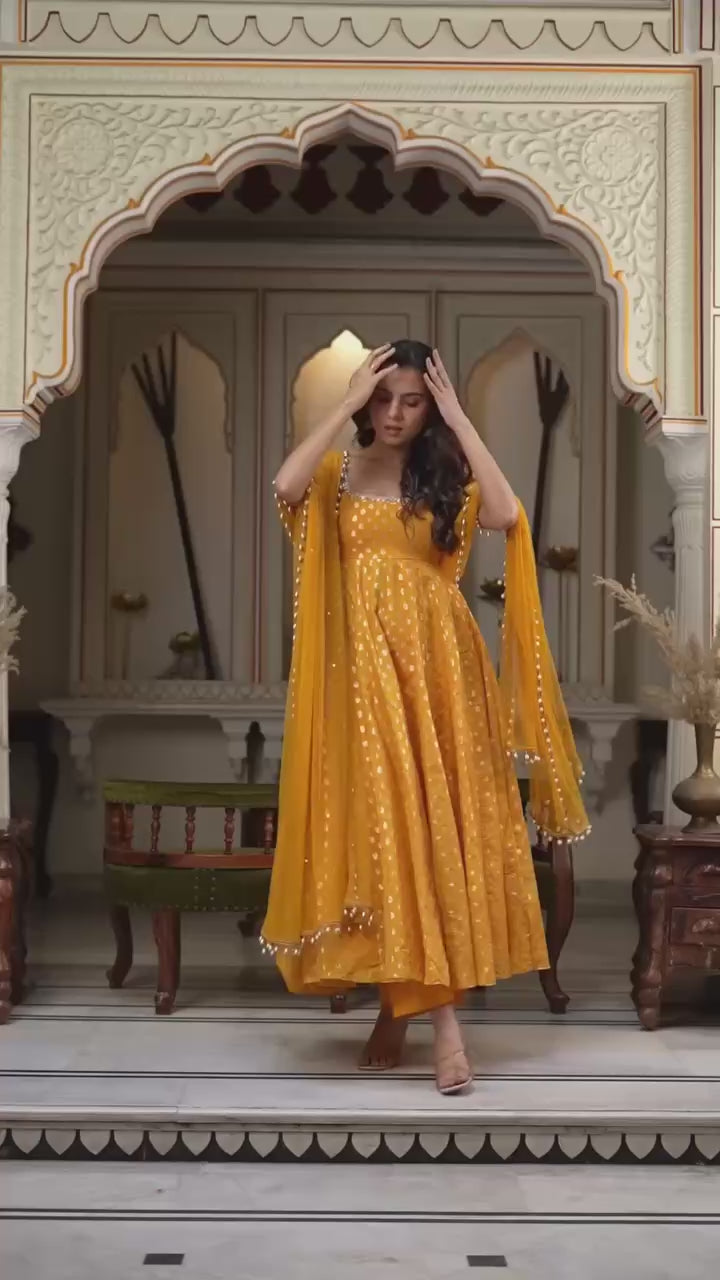 Premium Chanderi Jacquard Anarkali Suit with Real Mirror Work & Pearl Dupatta
